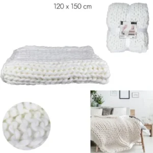 Patura, calduroasa, moale, groasa, tricotata, model impletit alb ecru 120x150cm